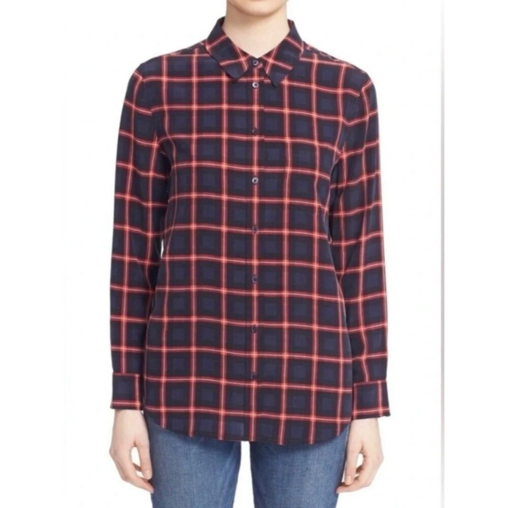 Equipment Femme 100% Silk Reece Peacoat Multi Plaid Button-Down Shirt Size Small